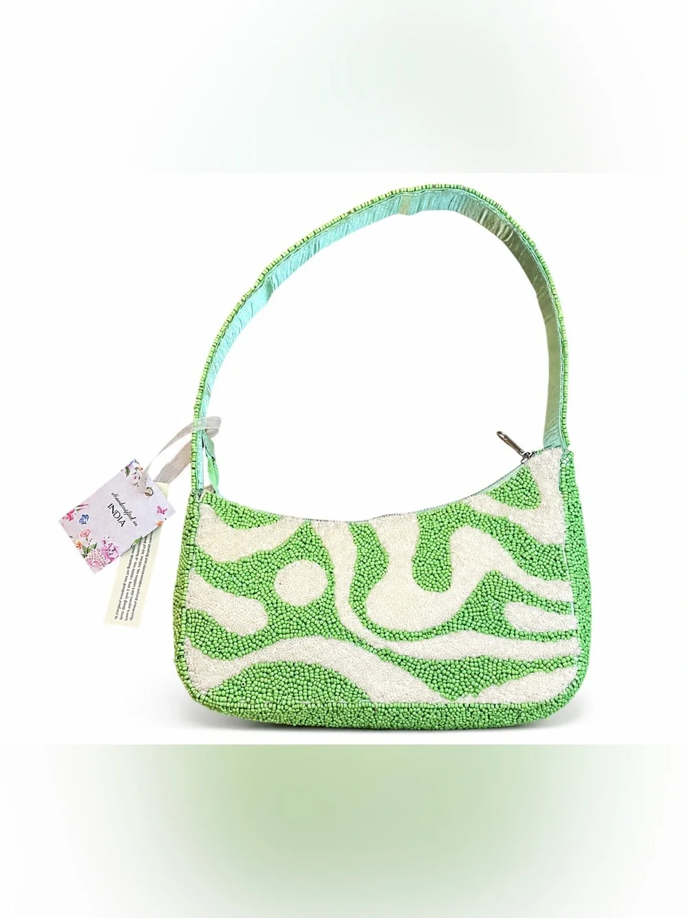 India Handcrafted Lime Green Beaded Shoulder Bag Abstract Swirl